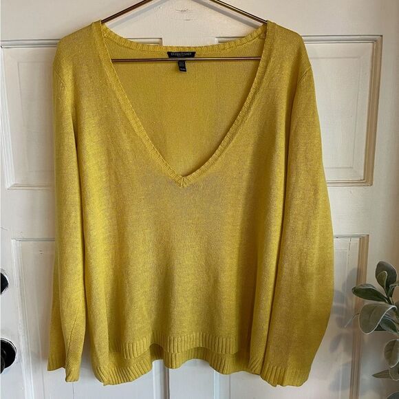 New Eileen, Fisher mustard, yellow V-neck organic linen sweater